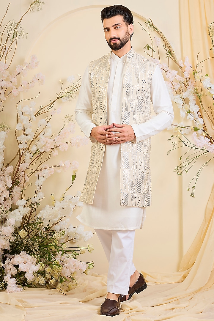 Gold Tissue Mirror Work Long Open-Jacket by Kasbah Clothing at Pernia's Pop Up Shop