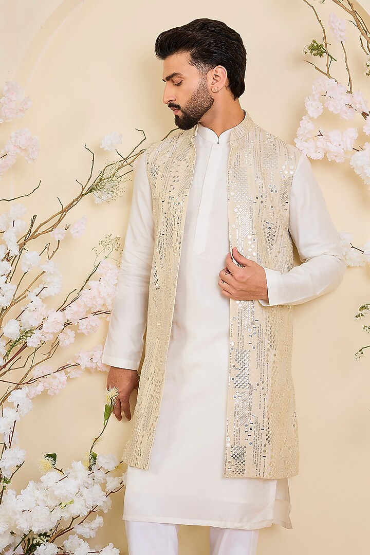 Gold Tissue Mirror Work Long Open-Jacket by Kasbah Clothing at Pernia's Pop Up Shop