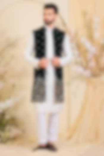 Green Velvet Hand Embroidered Long Open-Jacket by Kasbah Clothing at Pernia's Pop Up Shop