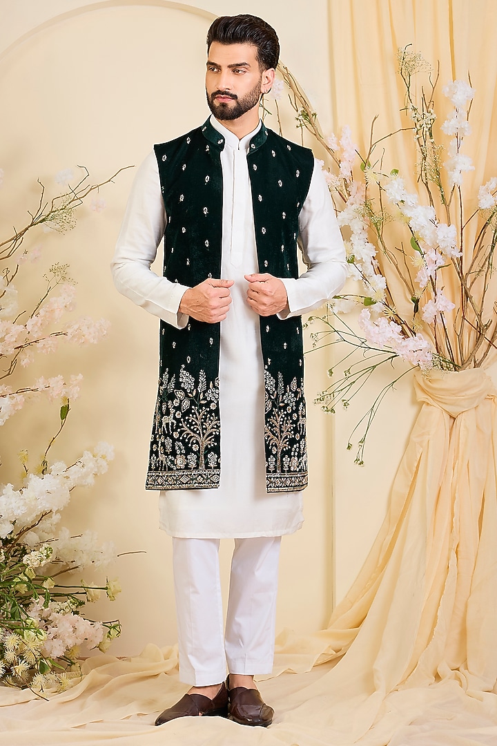 Green Velvet Hand Embroidered Long Open-Jacket by Kasbah Clothing at Pernia's Pop Up Shop