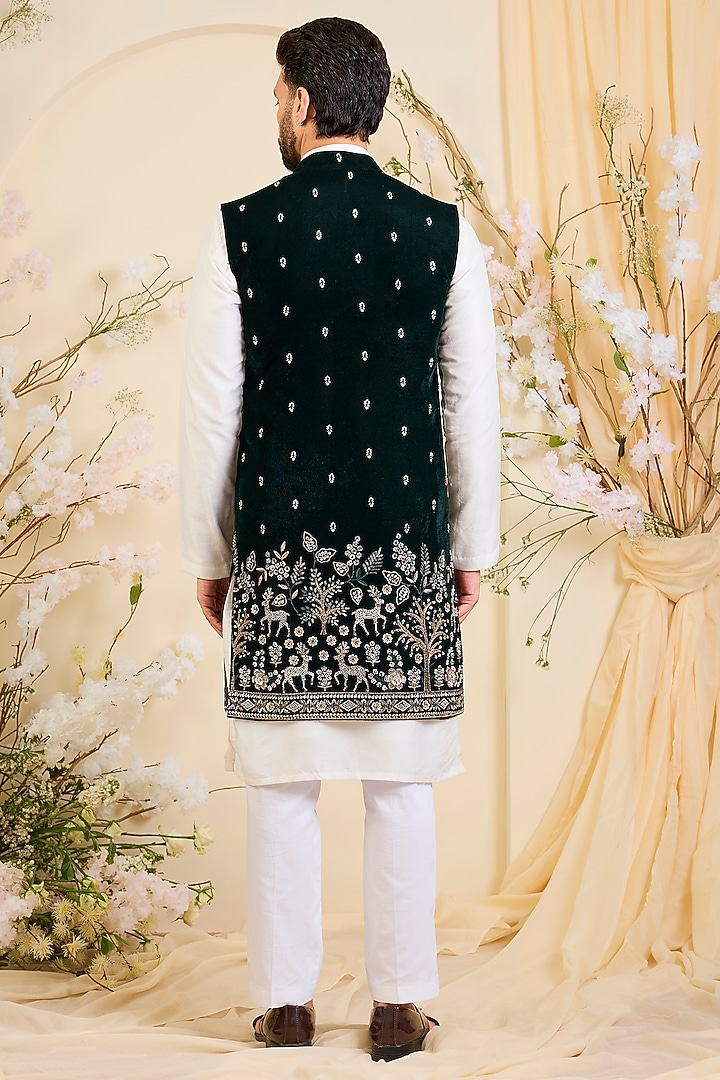Green Velvet Hand Embroidered Long Open-Jacket by Kasbah Clothing at Pernia's Pop Up Shop
