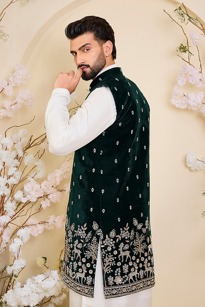 Green Velvet Hand Embroidered Long Open-Jacket by Kasbah Clothing at Pernia's Pop Up Shop