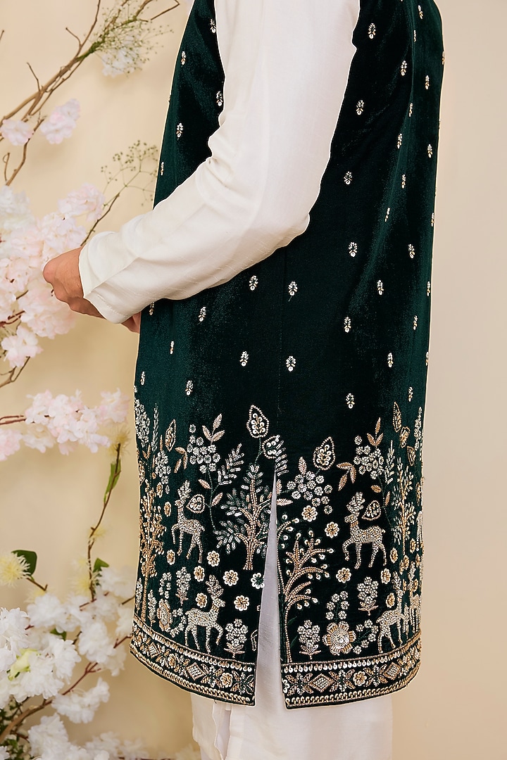 Green Velvet Hand Embroidered Long Open-Jacket by Kasbah Clothing at Pernia's Pop Up Shop