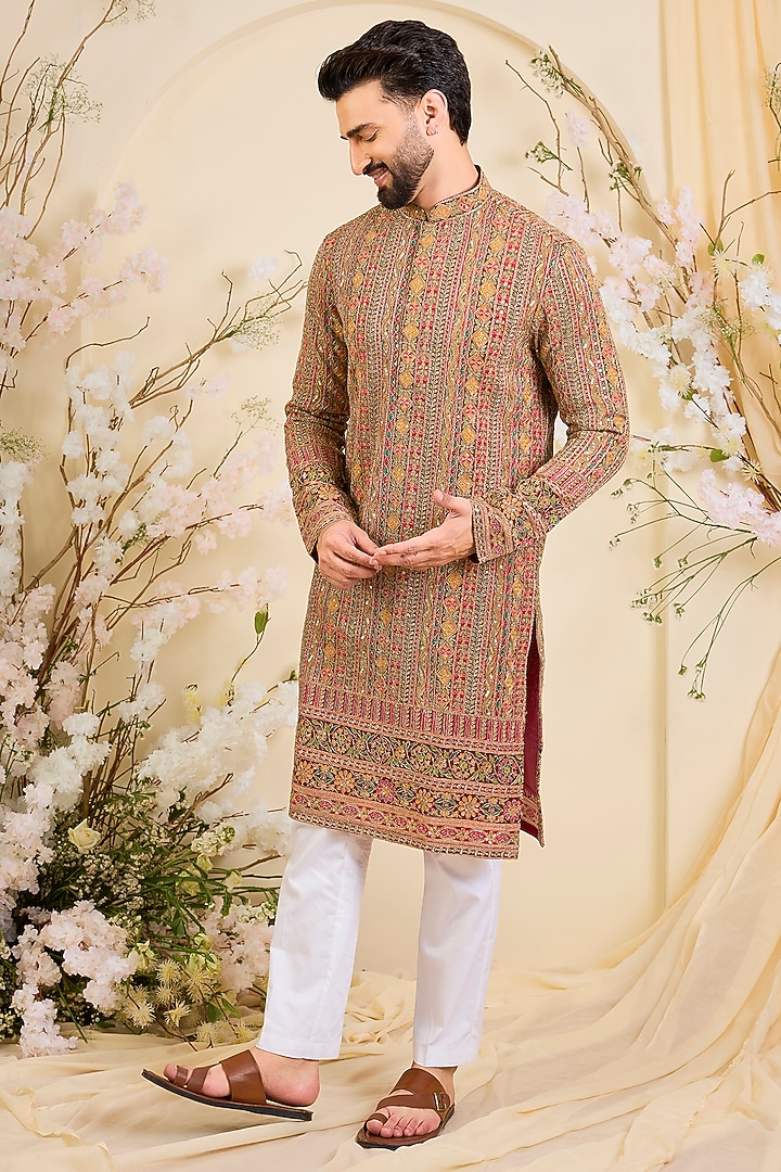 Pink Crepe Printed & Zari Embroidered Kurta by Kasbah Clothing at Pernia's Pop Up Shop