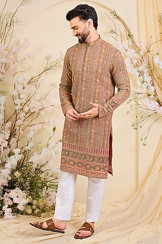 Pink Crepe Printed & Zari Embroidered Kurta by Kasbah Clothing