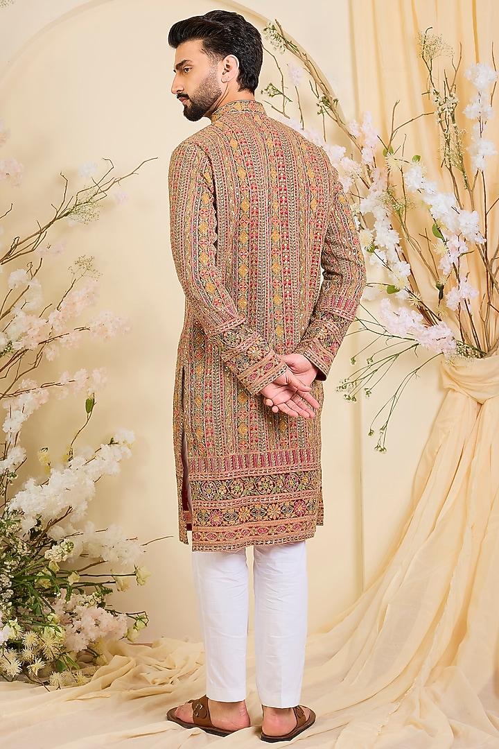 Pink Crepe Printed & Zari Embroidered Kurta by Kasbah Clothing at Pernia's Pop Up Shop