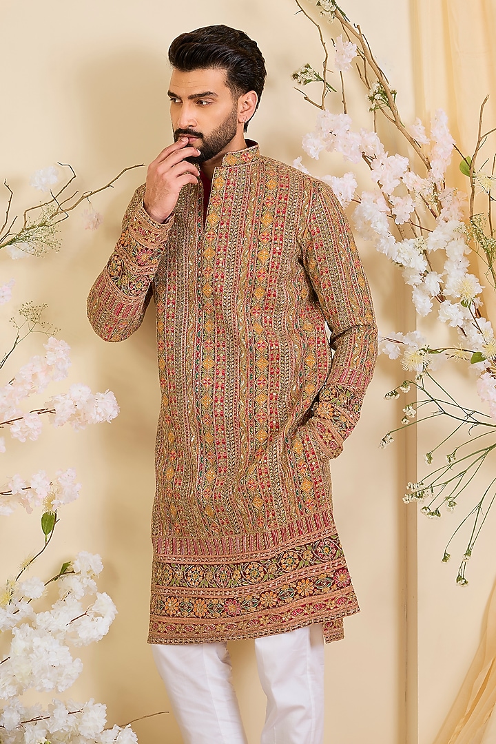 Pink Crepe Printed & Zari Embroidered Kurta by Kasbah Clothing at Pernia's Pop Up Shop