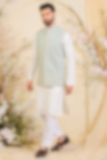 Powder Blue Georgette Hand Embroidered Nehru Jacket by Kasbah Clothing at Pernia's Pop Up Shop