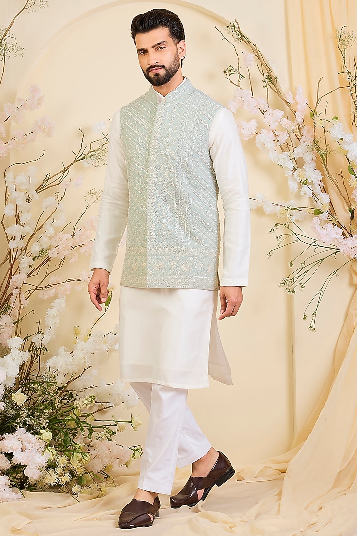 Powder Blue Georgette Hand Embroidered Nehru Jacket by Kasbah Clothing at Pernia's Pop Up Shop