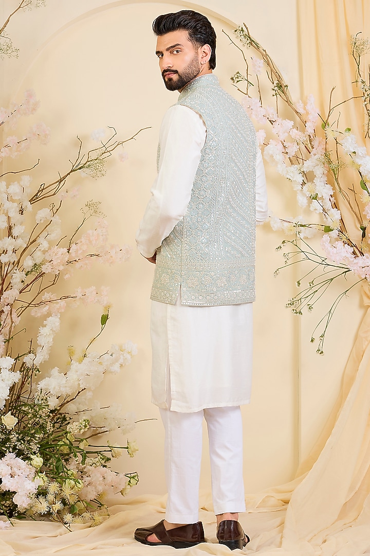 Powder Blue Georgette Hand Embroidered Nehru Jacket by Kasbah Clothing at Pernia's Pop Up Shop