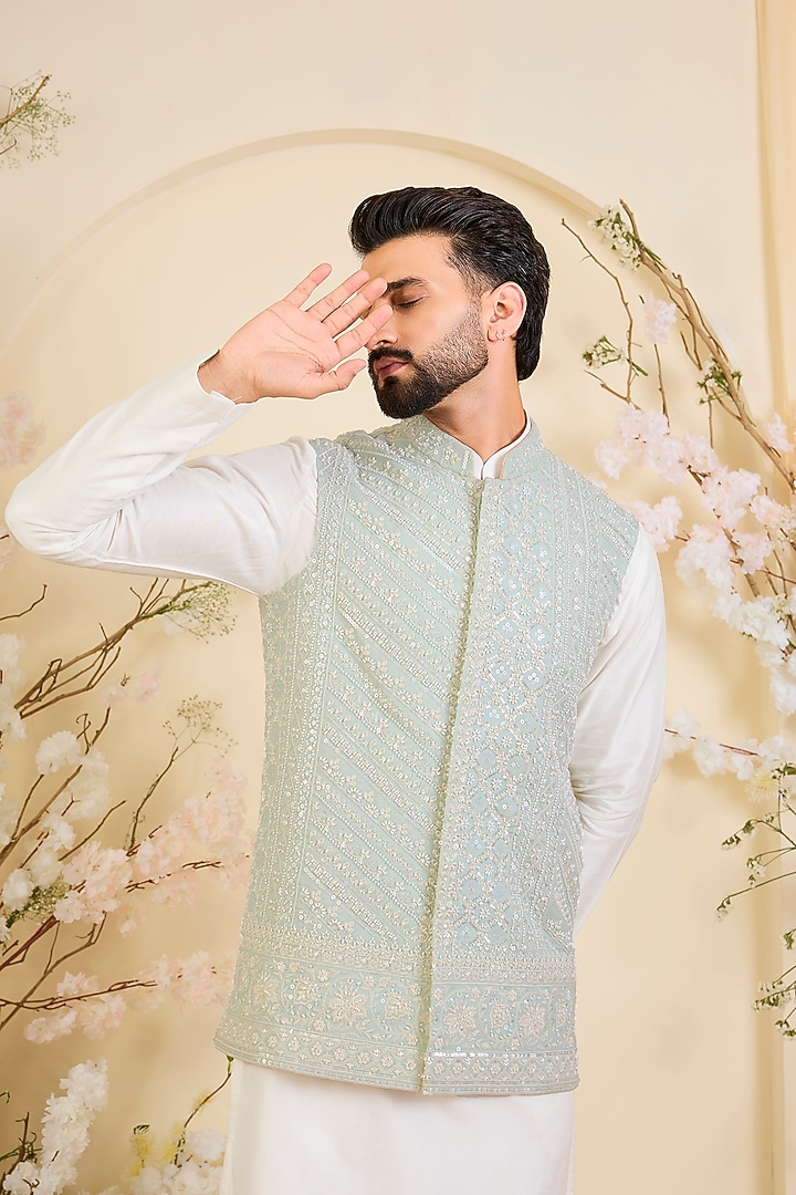 Powder Blue Georgette Hand Embroidered Nehru Jacket by Kasbah Clothing at Pernia's Pop Up Shop