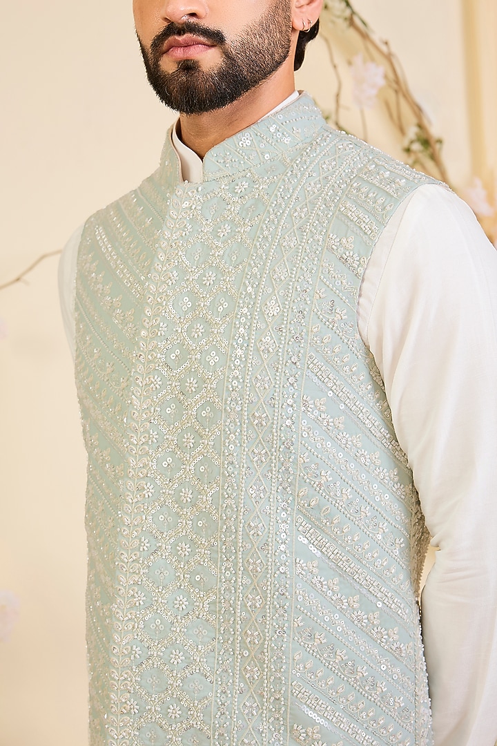 Powder Blue Georgette Hand Embroidered Nehru Jacket by Kasbah Clothing at Pernia's Pop Up Shop