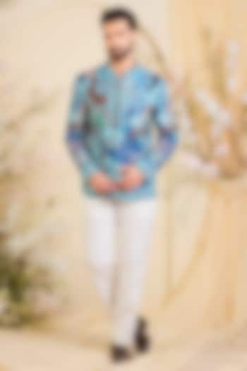 Blue Crepe Printed Wedding Bandhgala by Kasbah Clothing at Pernia's Pop Up Shop