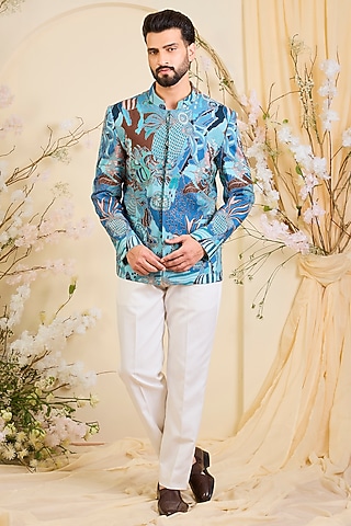 Blue Crepe Printed Bandhgala by Kasbah Clothing