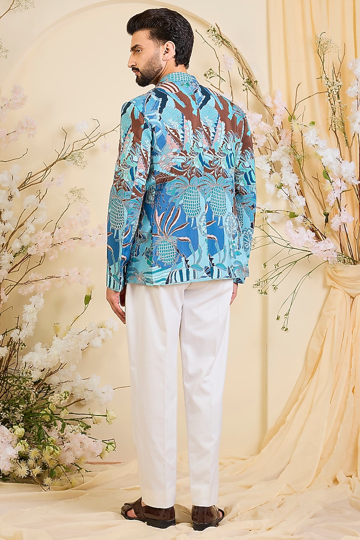 Blue Crepe Printed Wedding Bandhgala by Kasbah Clothing at Pernia's Pop Up Shop