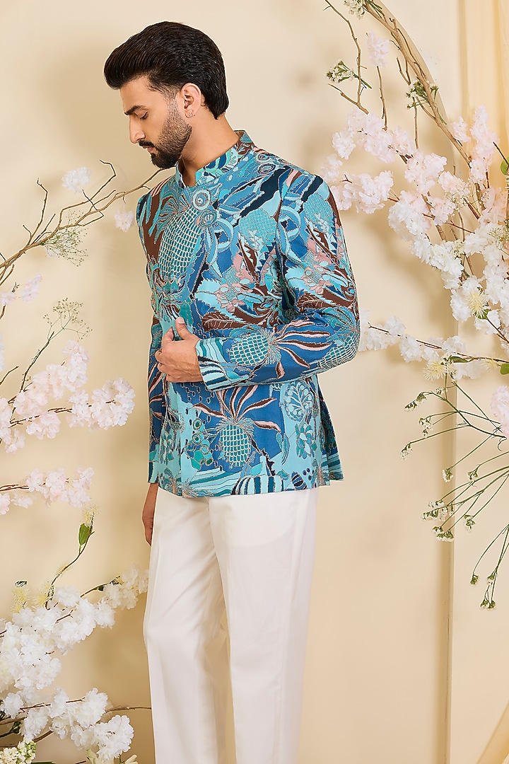 Blue Crepe Printed Wedding Bandhgala by Kasbah Clothing at Pernia's Pop Up Shop