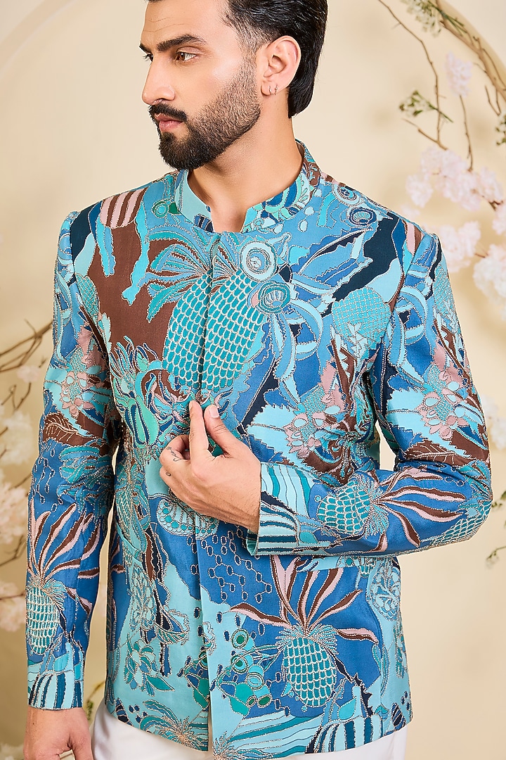 Blue Crepe Printed Wedding Bandhgala by Kasbah Clothing at Pernia's Pop Up Shop