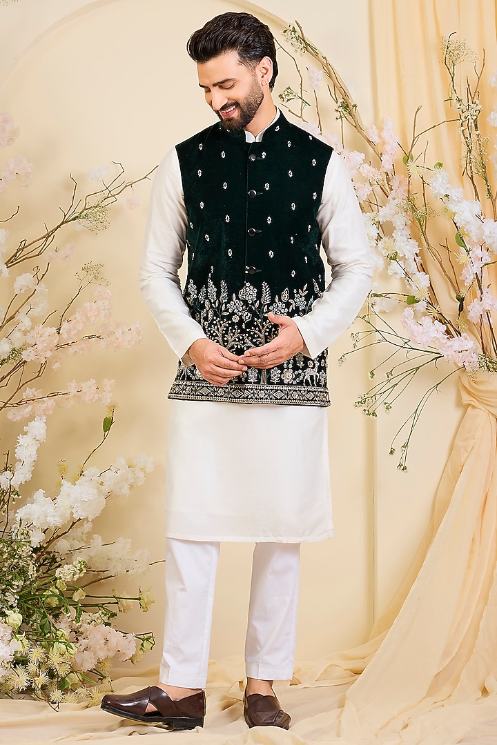 Bottle Green Velvet Hand Embroidered Nehru Jacket by Kasbah Clothing at Pernia's Pop Up Shop