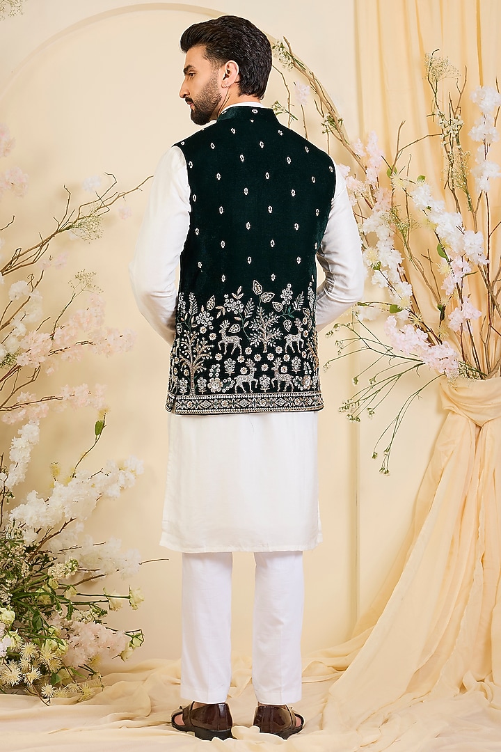Bottle Green Velvet Hand Embroidered Nehru Jacket by Kasbah Clothing at Pernia's Pop Up Shop