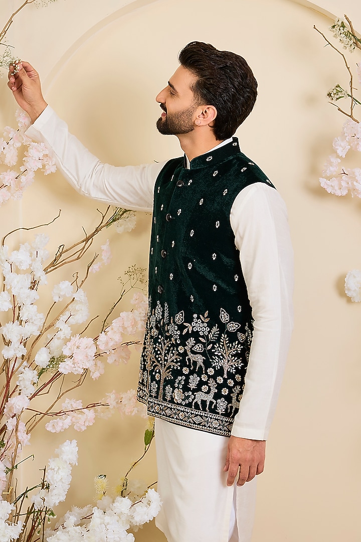 Bottle Green Velvet Hand Embroidered Nehru Jacket by Kasbah Clothing at Pernia's Pop Up Shop