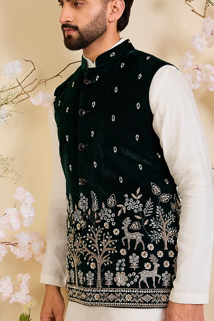 Bottle Green Velvet Hand Embroidered Nehru Jacket by Kasbah Clothing at Pernia's Pop Up Shop