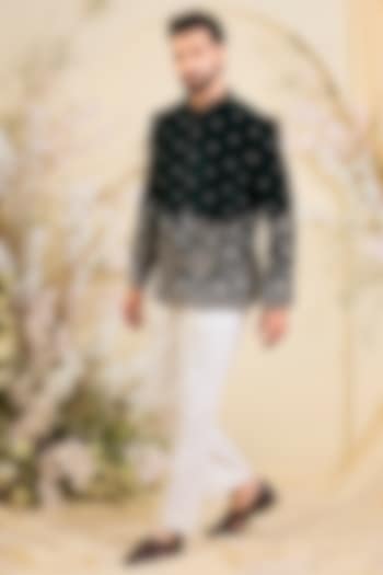 Bottle Green Velvet Hand Embroidered Wedding Bandhgala by Kasbah Clothing at Pernia's Pop Up Shop