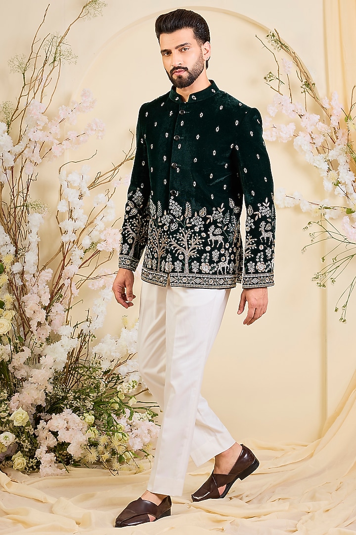 Bottle Green Velvet Hand Embroidered Wedding Bandhgala by Kasbah Clothing at Pernia's Pop Up Shop