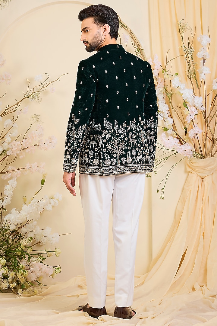 Bottle Green Velvet Hand Embroidered Wedding Bandhgala by Kasbah Clothing at Pernia's Pop Up Shop