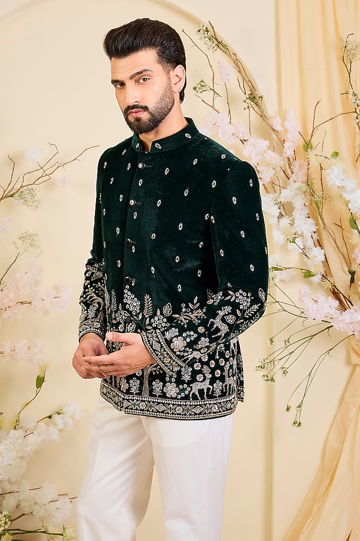 Bottle Green Velvet Hand Embroidered Wedding Bandhgala by Kasbah Clothing at Pernia's Pop Up Shop