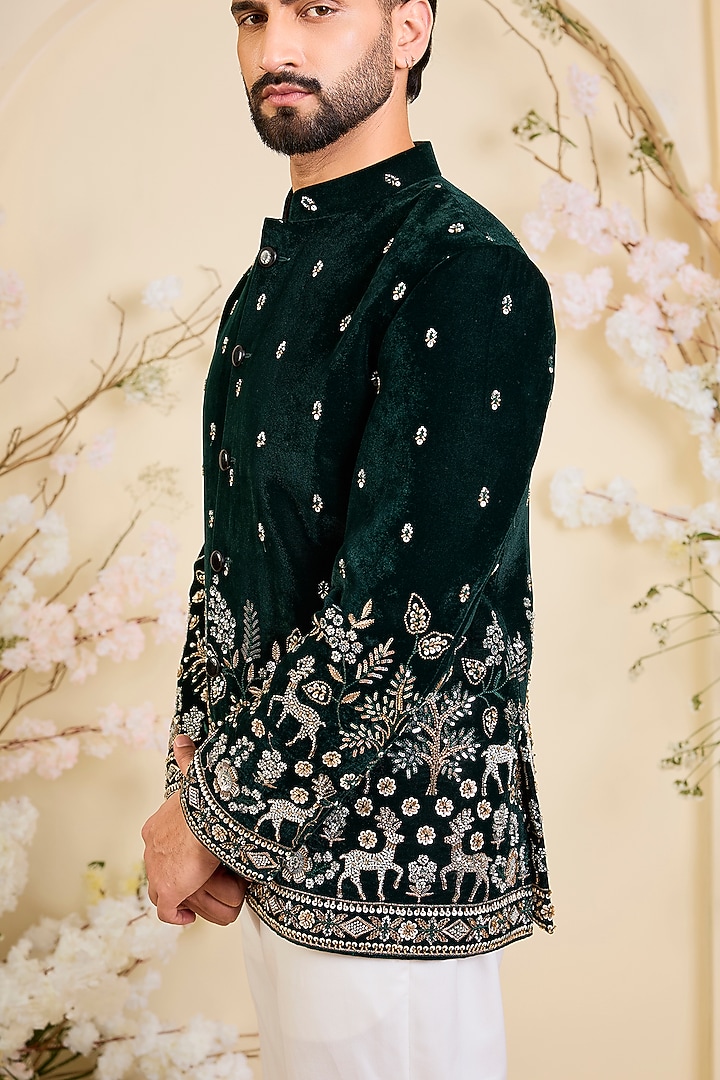 Bottle Green Velvet Hand Embroidered Wedding Bandhgala by Kasbah Clothing at Pernia's Pop Up Shop