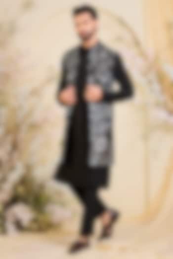 Deep Black Georgette Hand Embroidered Long Open-Jacket by Kasbah Clothing at Pernia's Pop Up Shop