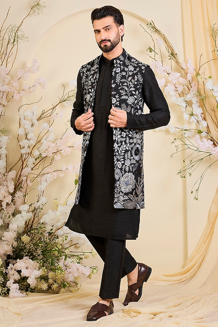 Deep Black Georgette Hand Embroidered Long Open-Jacket by Kasbah Clothing at Pernia's Pop Up Shop