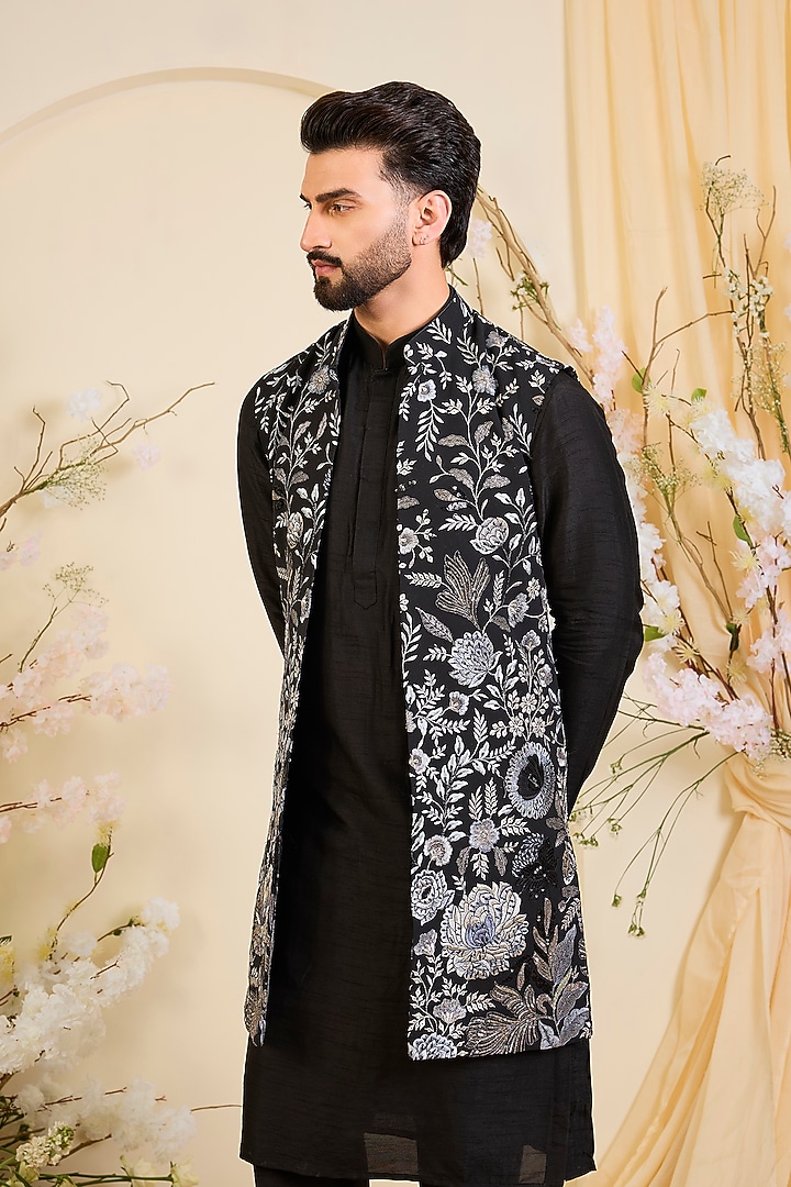 Deep Black Georgette Hand Embroidered Long Open-Jacket by Kasbah Clothing at Pernia's Pop Up Shop