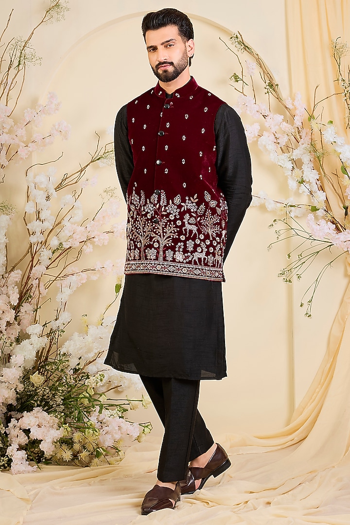 Maroon Velvet Hand Embroidered Nehru Jacket by Kasbah Clothing at Pernia's Pop Up Shop
