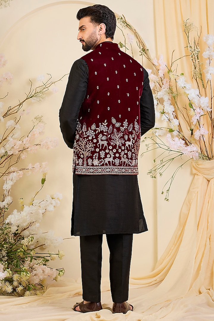 Maroon Velvet Hand Embroidered Nehru Jacket by Kasbah Clothing at Pernia's Pop Up Shop