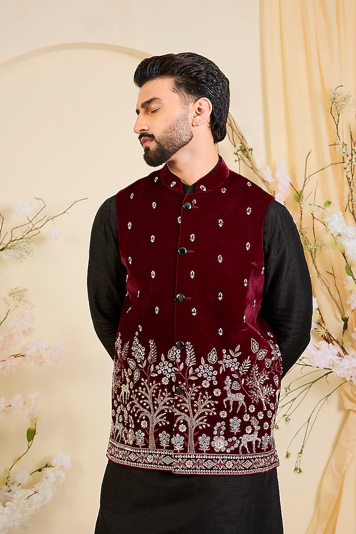 Maroon Velvet Hand Embroidered Nehru Jacket by Kasbah Clothing at Pernia's Pop Up Shop