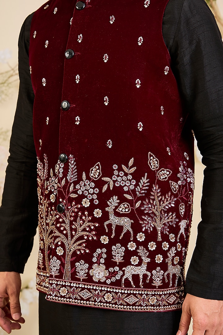 Maroon Velvet Hand Embroidered Nehru Jacket by Kasbah Clothing at Pernia's Pop Up Shop