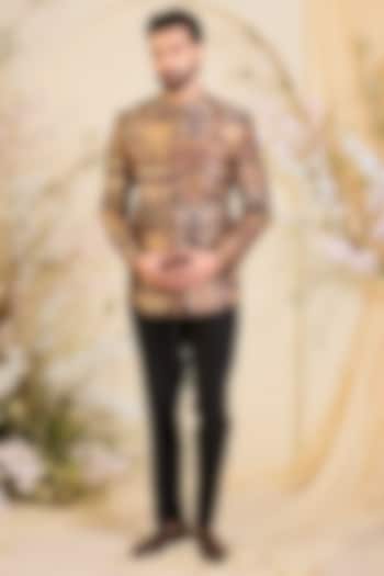 Multi-Colored Tussar Silk Aari Embroidered Wedding Bandhgala by Kasbah Clothing at Pernia's Pop Up Shop