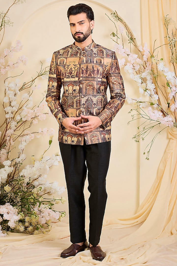 Multi-Colored Tussar Silk Aari Embroidered Wedding Bandhgala by Kasbah Clothing at Pernia's Pop Up Shop