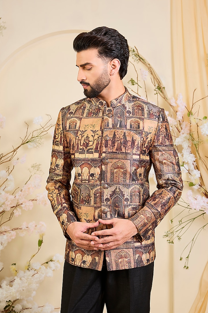 Multi-Colored Tussar Silk Aari Embroidered Wedding Bandhgala by Kasbah Clothing at Pernia's Pop Up Shop