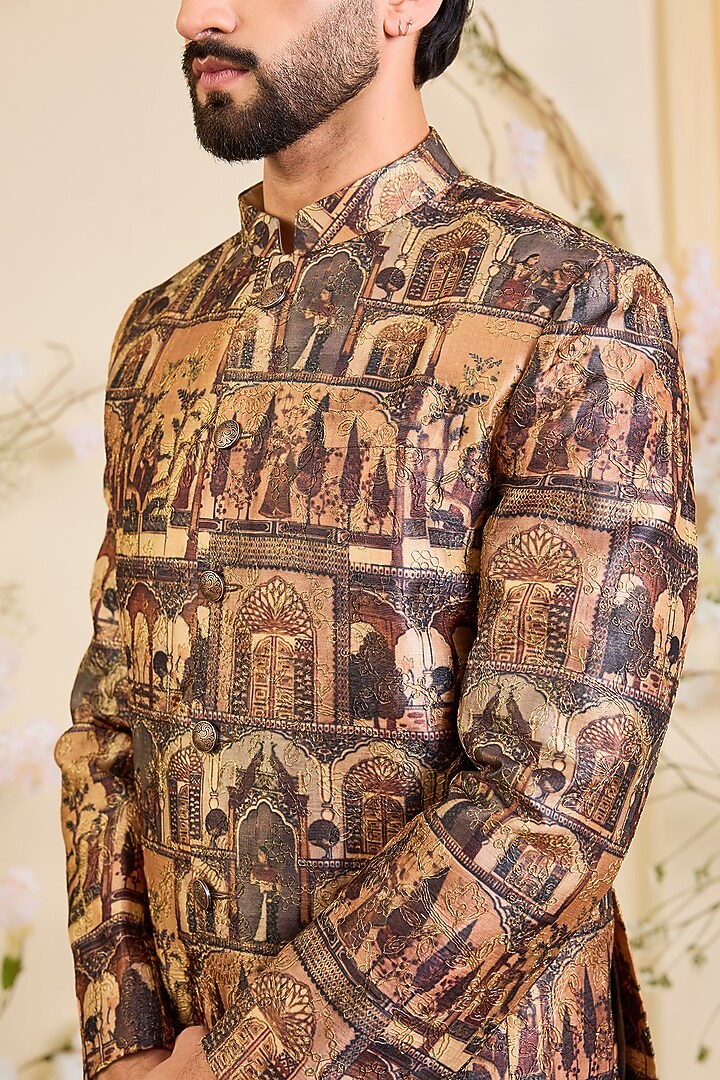 Multi-Colored Tussar Silk Aari Embroidered Wedding Bandhgala by Kasbah Clothing at Pernia's Pop Up Shop
