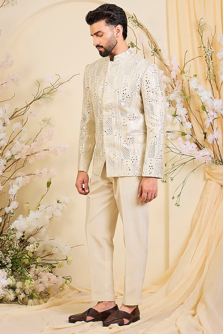 Gold Tissue Mirror Work Wedding Bandhgala by Kasbah Clothing at Pernia's Pop Up Shop