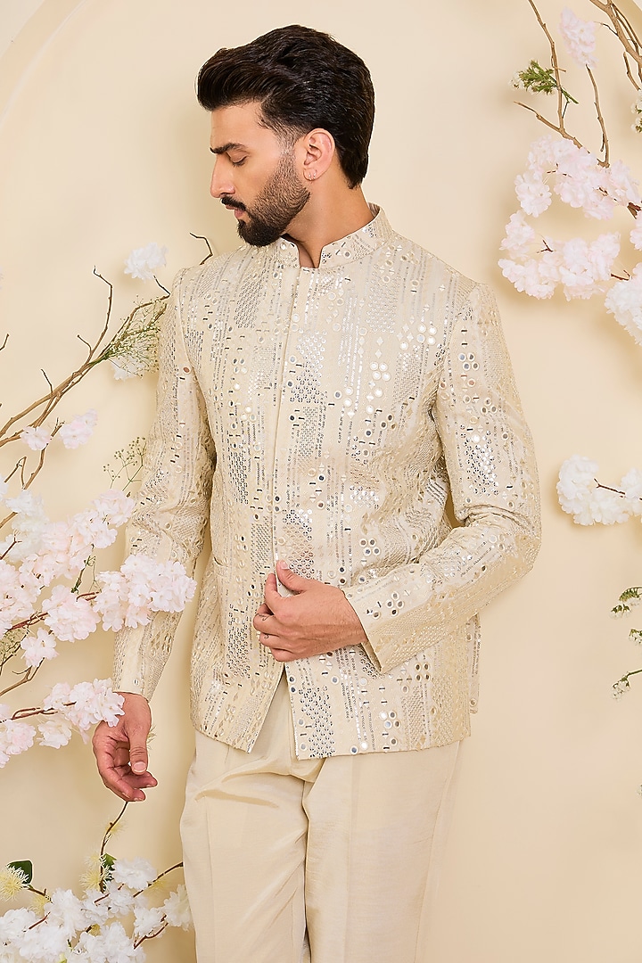 Gold Tissue Mirror Work Wedding Bandhgala by Kasbah Clothing at Pernia's Pop Up Shop