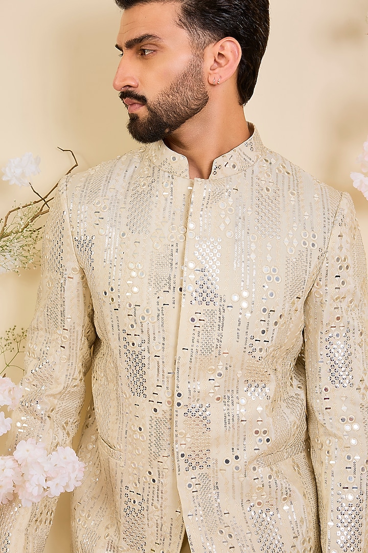 Gold Tissue Mirror Work Wedding Bandhgala by Kasbah Clothing at Pernia's Pop Up Shop