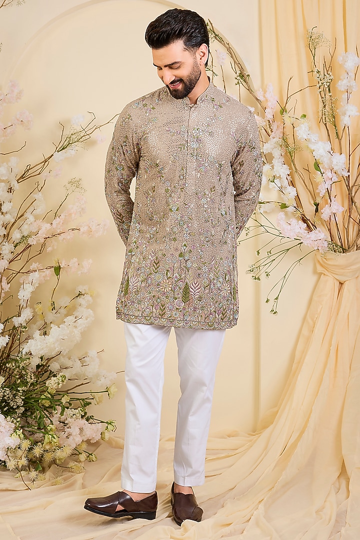 Beige Georgette Floral Embroidered Short Kurta by Kasbah Clothing at Pernia's Pop Up Shop