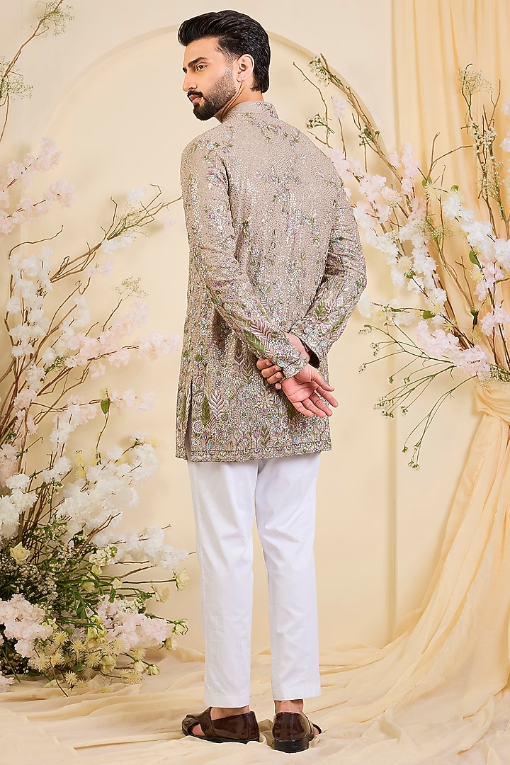 Beige Georgette Floral Embroidered Short Kurta by Kasbah Clothing at Pernia's Pop Up Shop