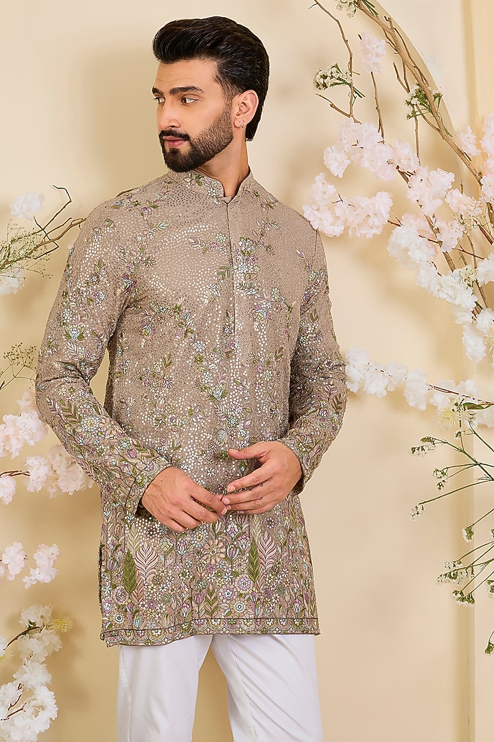 Beige Georgette Floral Embroidered Short Kurta by Kasbah Clothing at Pernia's Pop Up Shop