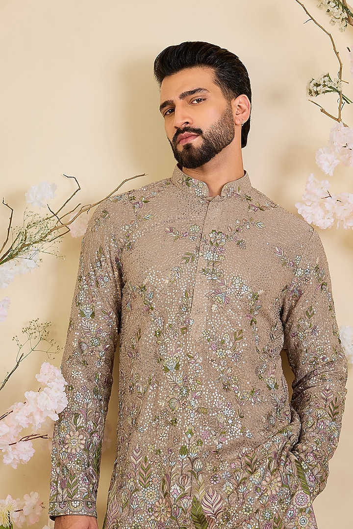 Beige Georgette Floral Embroidered Short Kurta by Kasbah Clothing at Pernia's Pop Up Shop