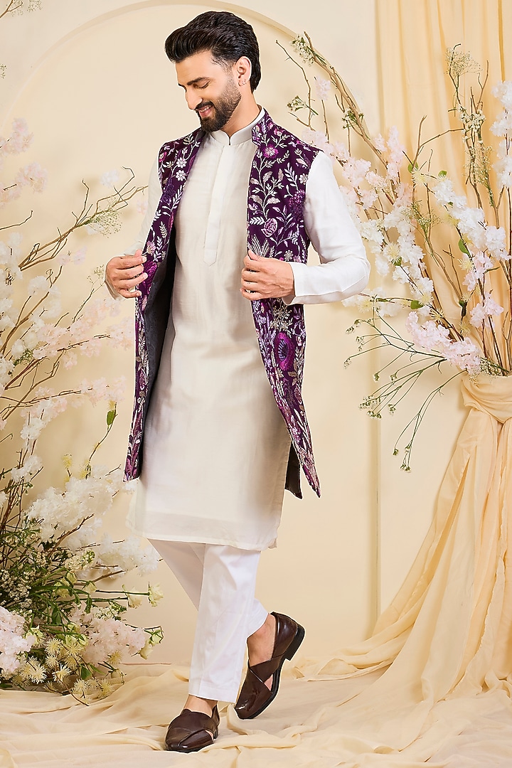 Deep Purple Velvet Embellished Long Open-Jacket by Kasbah Clothing at Pernia's Pop Up Shop