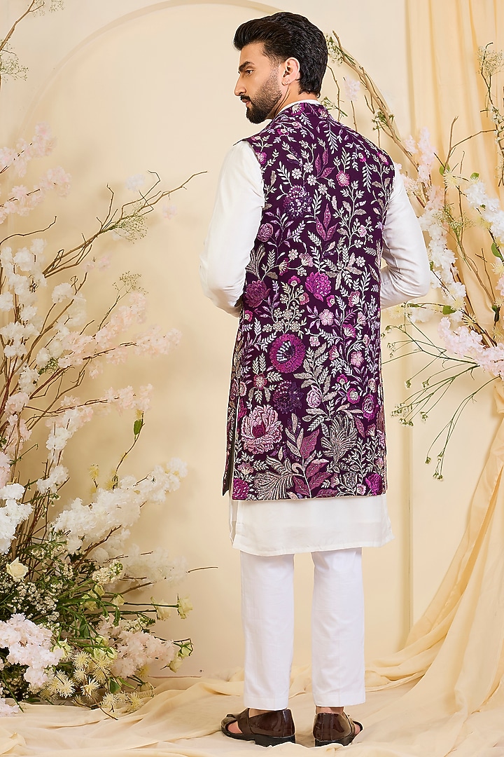 Deep Purple Velvet Embellished Long Open-Jacket by Kasbah Clothing at Pernia's Pop Up Shop
